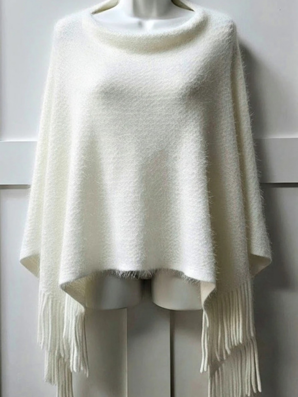 Fringe Poncho in White Like New